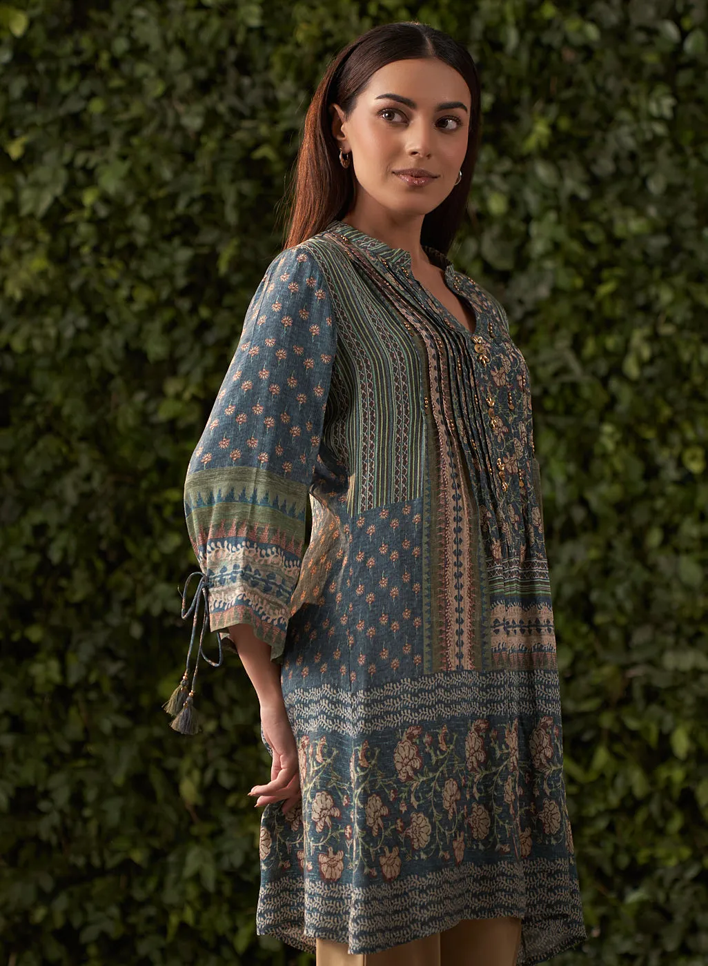 Aina Teal Blue Printed Shantoon Kurti for Women