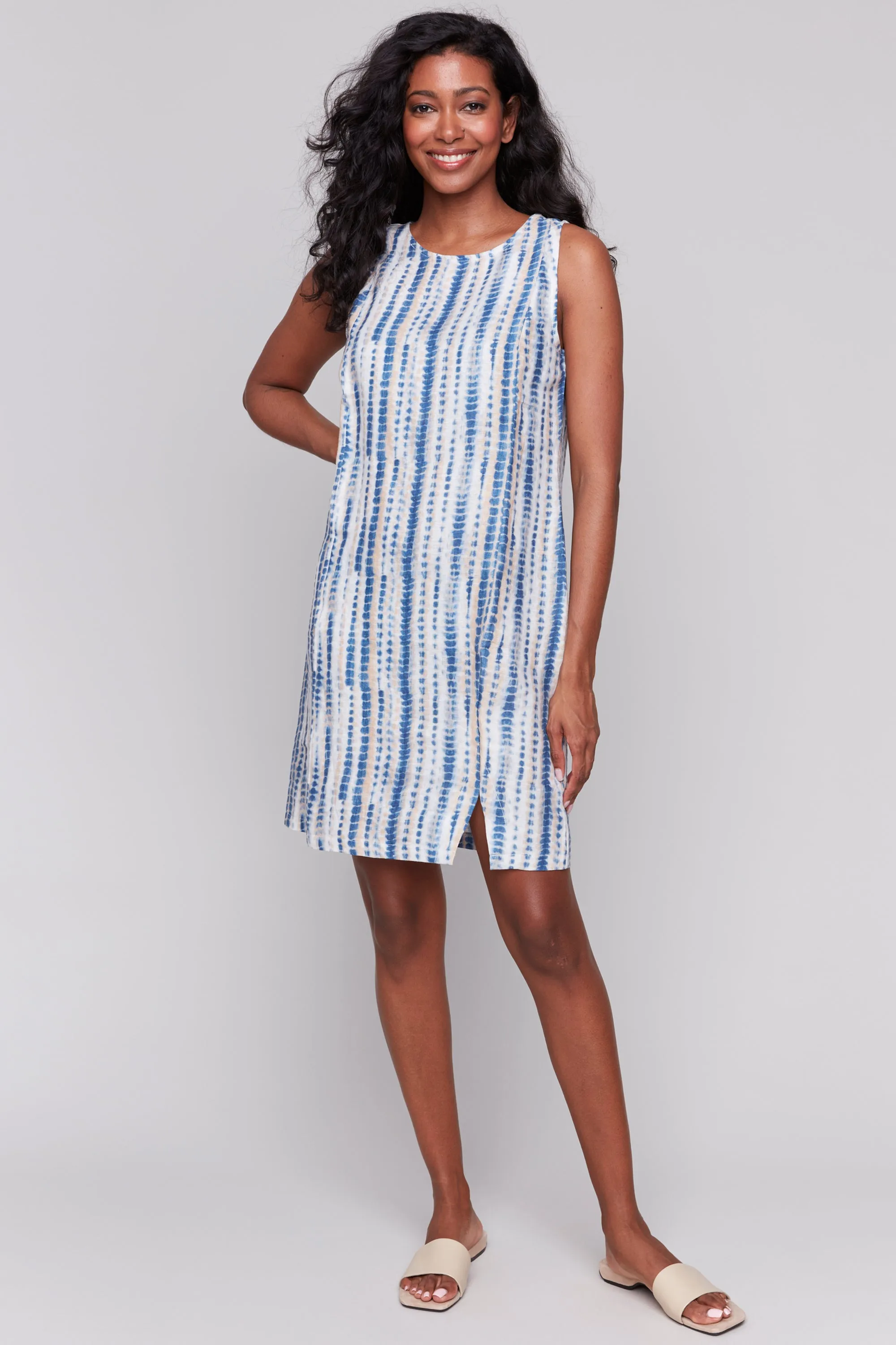BEACH PRINT SLEEVELESS DRESS
