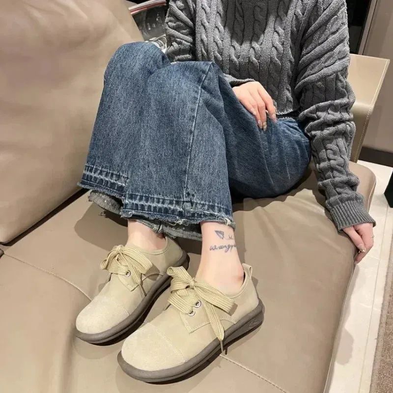 binfenxie  -  Women Leather Casual Shoes Flat Heel Square Toe Sneakers Spring Autumn Retro Leather Shoes Oxford Flats Fashion Light Soft New