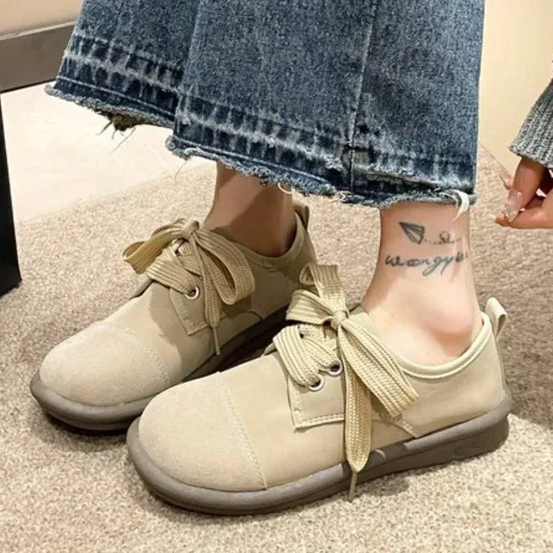 binfenxie  -  Women Leather Casual Shoes Flat Heel Square Toe Sneakers Spring Autumn Retro Leather Shoes Oxford Flats Fashion Light Soft New
