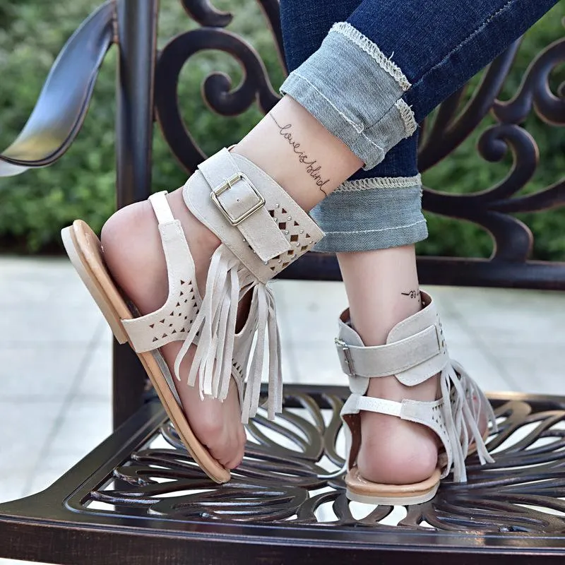 Chicvane Leather Tassel With Diamonds Women Flat Sandals