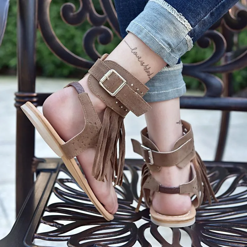 Chicvane Leather Tassel With Diamonds Women Flat Sandals