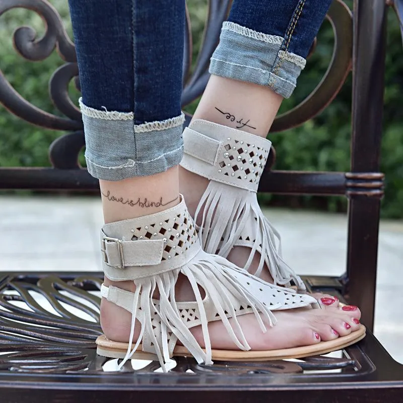 Chicvane Leather Tassel With Diamonds Women Flat Sandals