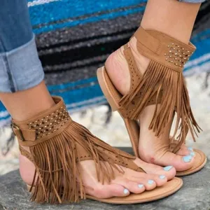Chicvane Leather Tassel With Diamonds Women Flat Sandals