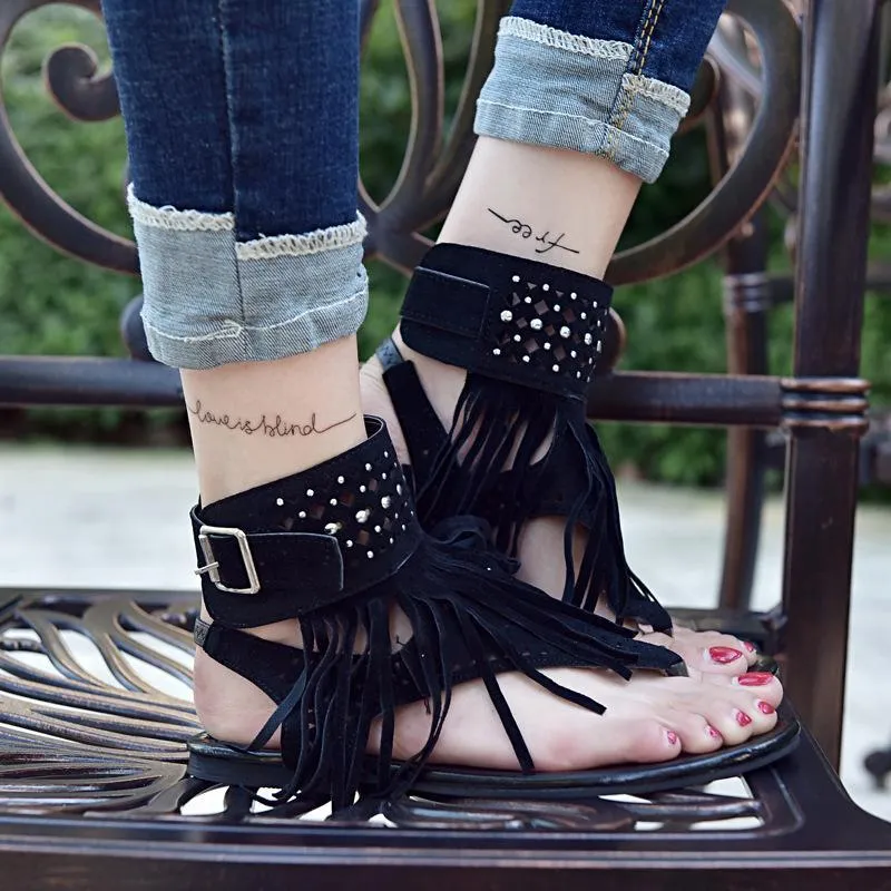 Chicvane Leather Tassel With Diamonds Women Flat Sandals