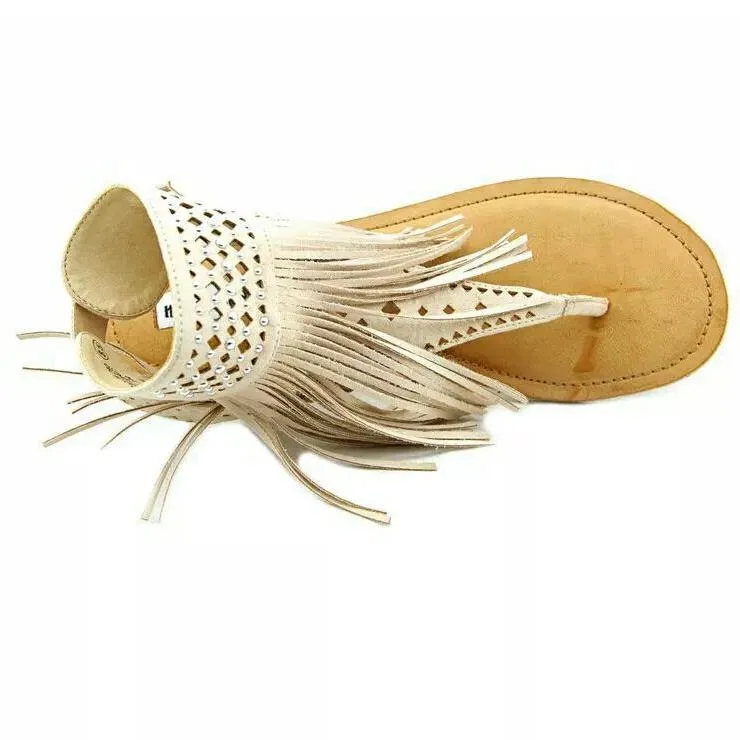 Chicvane Leather Tassel With Diamonds Women Flat Sandals