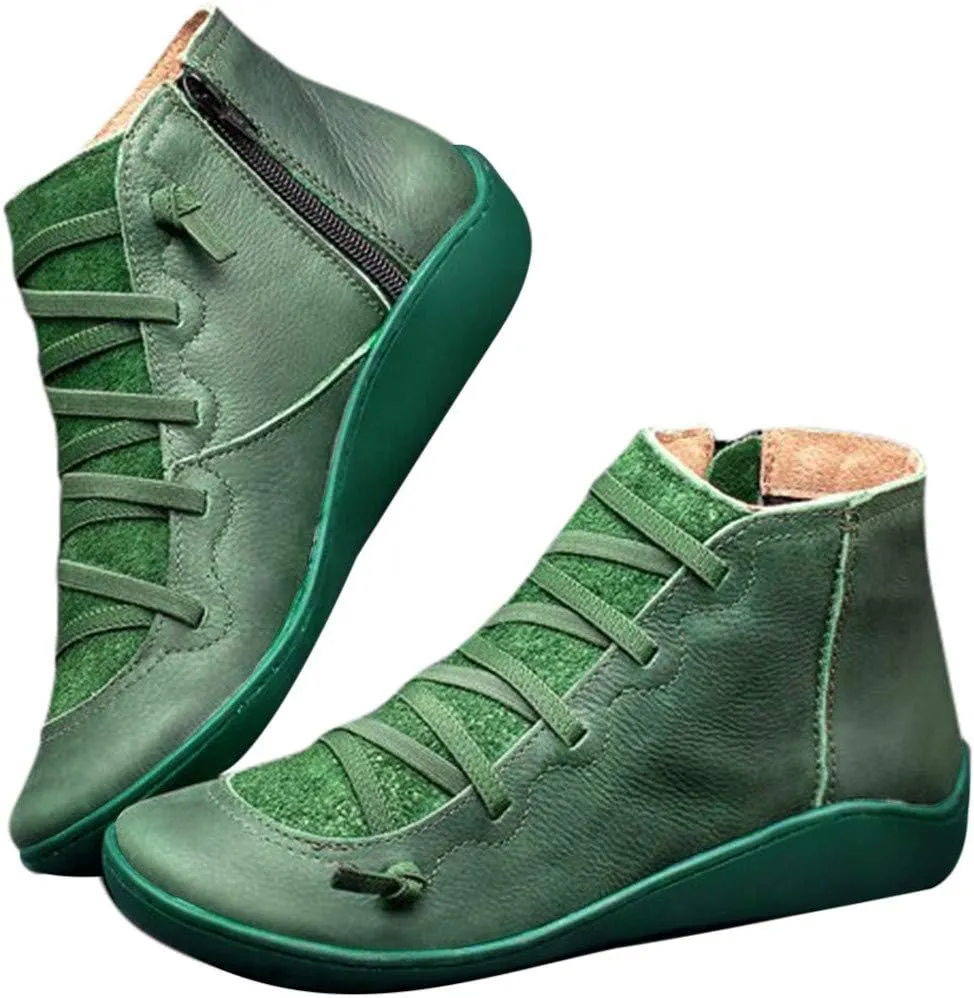 Hbeylia Women's Fashion Sneaker Booties Casual Leather Lace Up Ankle Boots Walking Shoes Vintage Retro Round Toe Side Zip Flat Short Boots For Women Men Ladies