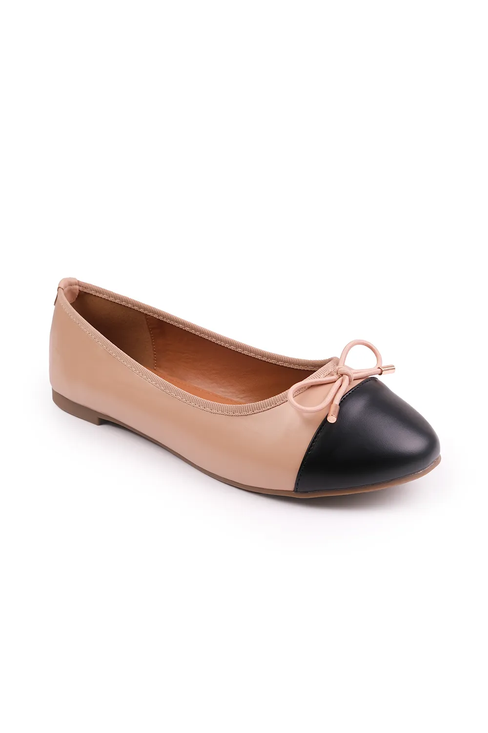 JANICE EXTRA WIDE BALLERINA FLATS WITH FRON BOW DETAIL IN NUDE FAUX LEATHER