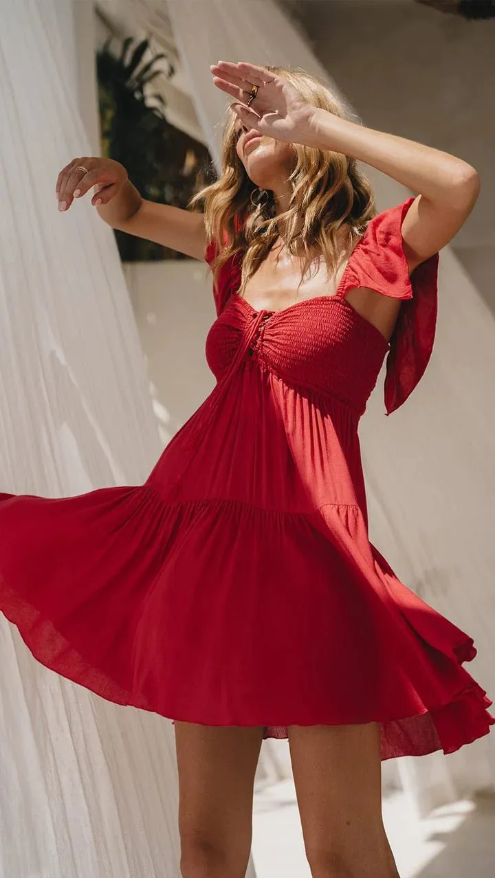 Khush Strawberry Quinn Mini Dress - Solid Red Coral