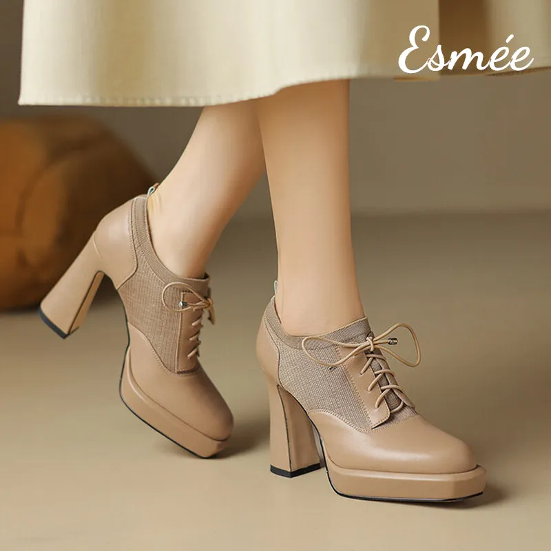Leather High Heel Oxford Shoes with 2.5 cm Platform and Fabrics Design