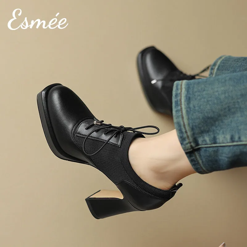 Leather High Heel Oxford Shoes with 2.5 cm Platform and Fabrics Design
