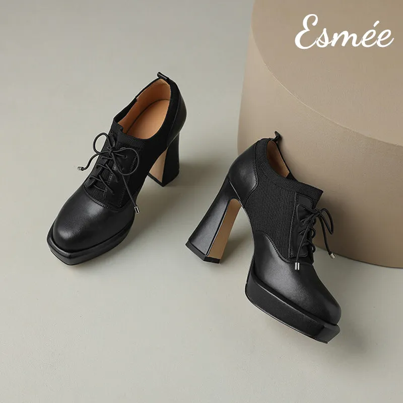 Leather High Heel Oxford Shoes with 2.5 cm Platform and Fabrics Design