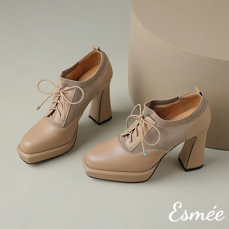 Leather High Heel Oxford Shoes with 2.5 cm Platform and Fabrics Design