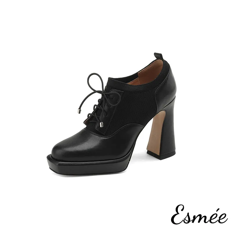 Leather High Heel Oxford Shoes with 2.5 cm Platform and Fabrics Design