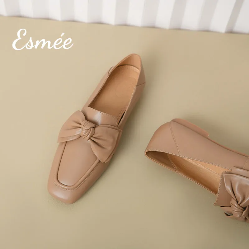 Leather Loafers with Bow Knot Design