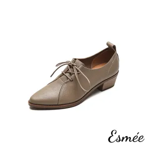 Leather Pointy Toe Oxford Shoes with 4.5 cm Block Heels