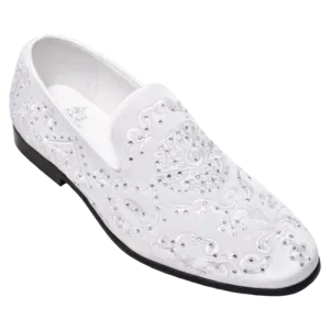 Men's white and silver shoes white loafer slip on tuxedo velvet dress shoes