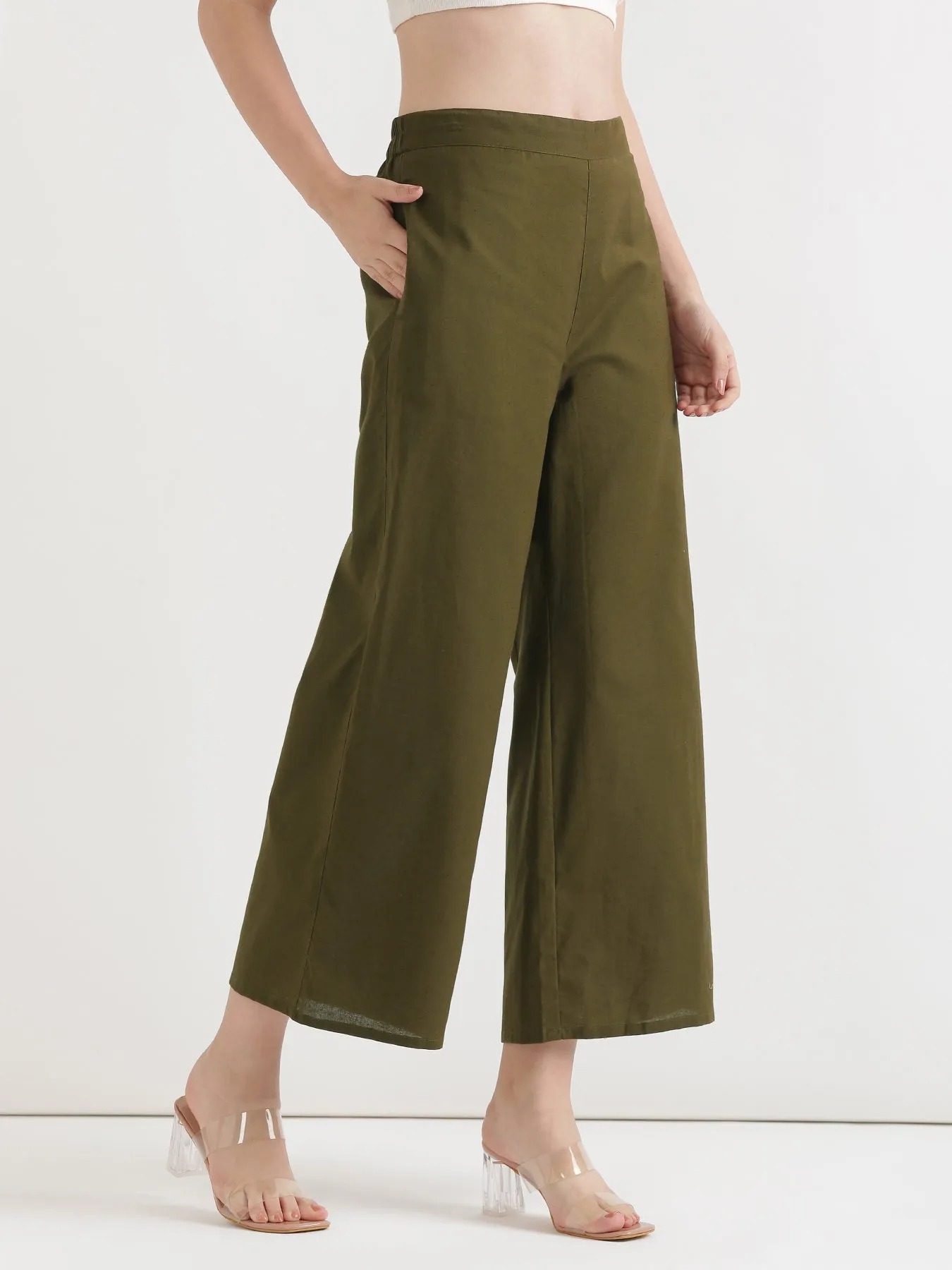 Olive Green Airy Linen Wide Leg Pant