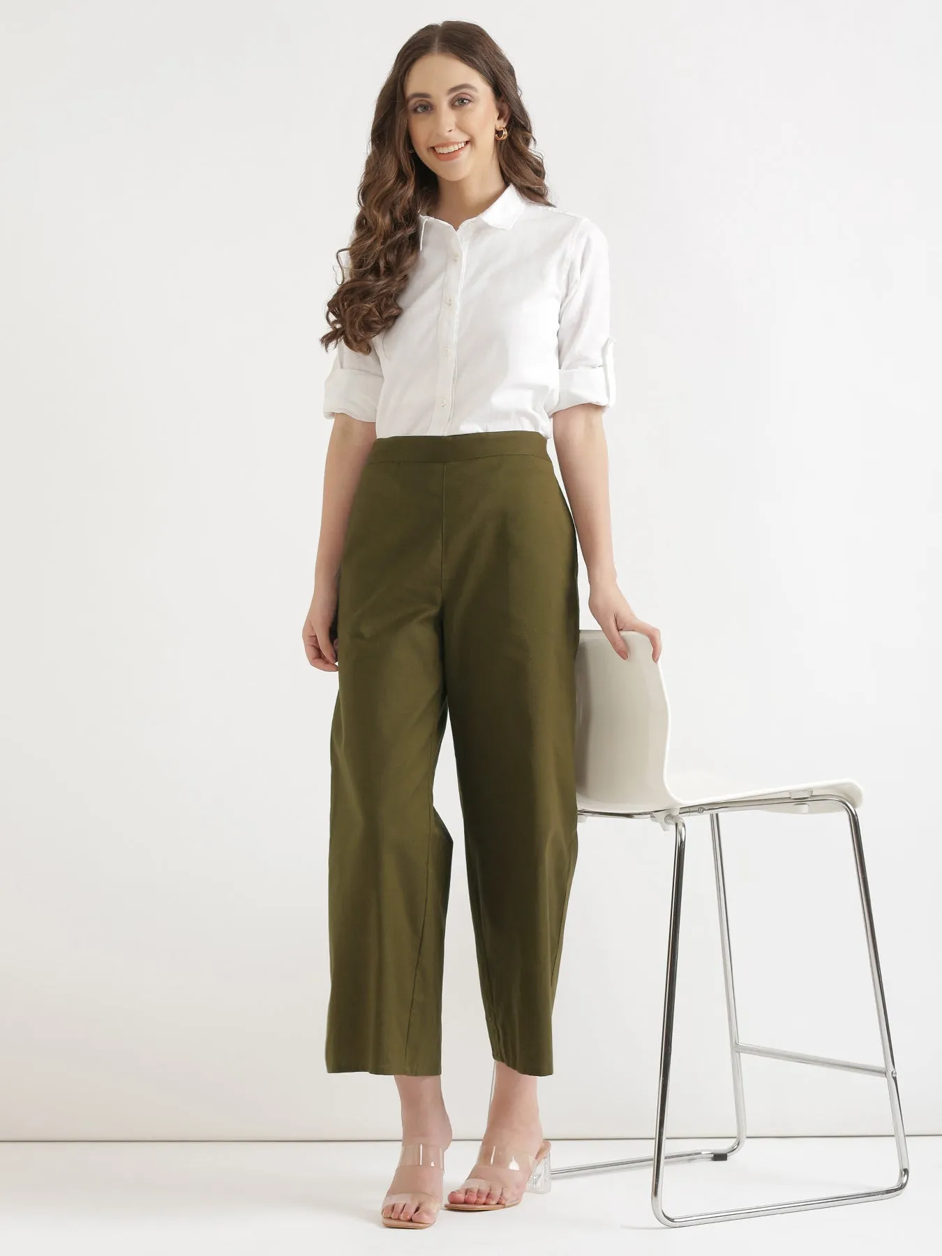 Olive Green Airy Linen Wide Leg Pant