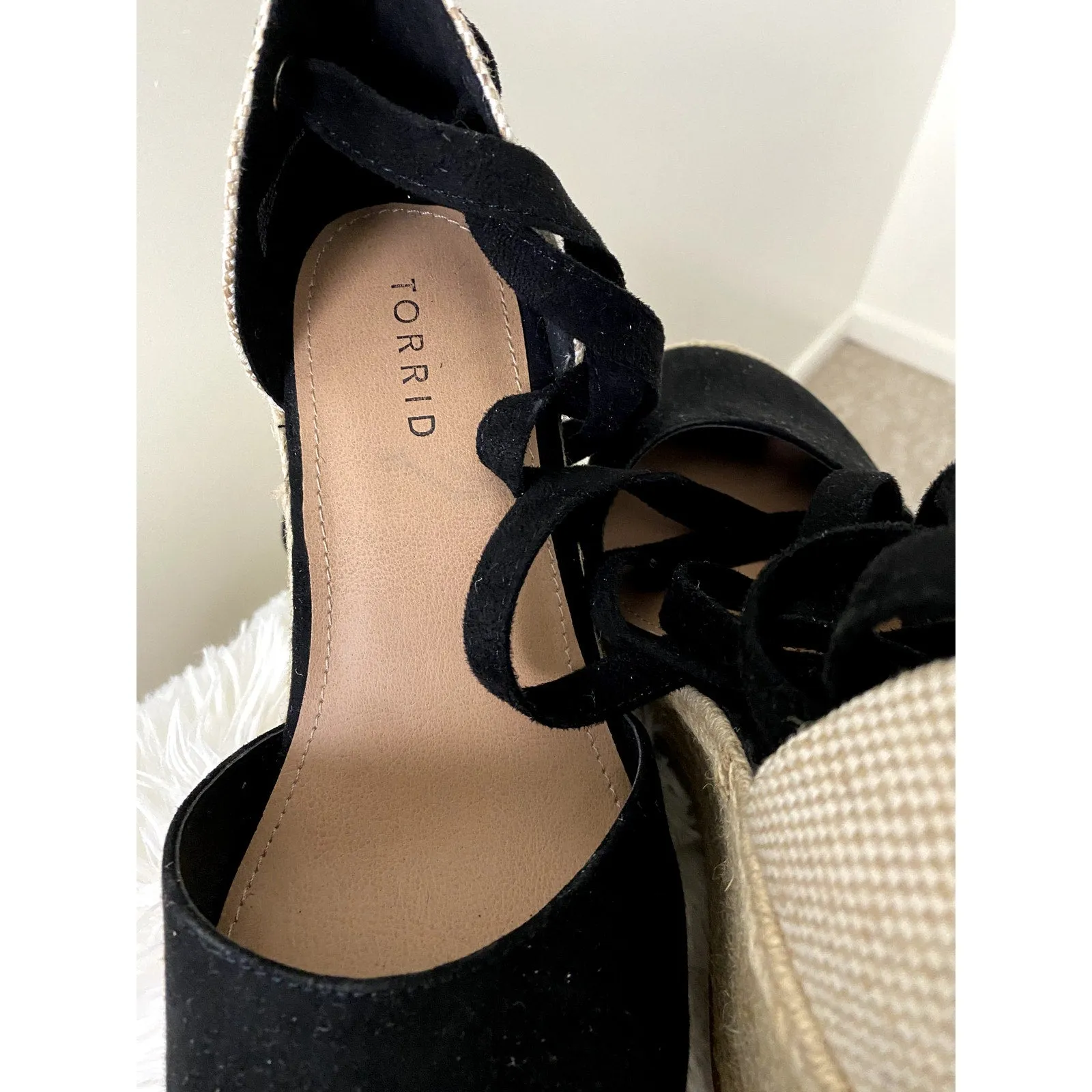 TORRID  Black Ankle Wrap Espadrille Wedge Shoes - Size 8W (NWOT)