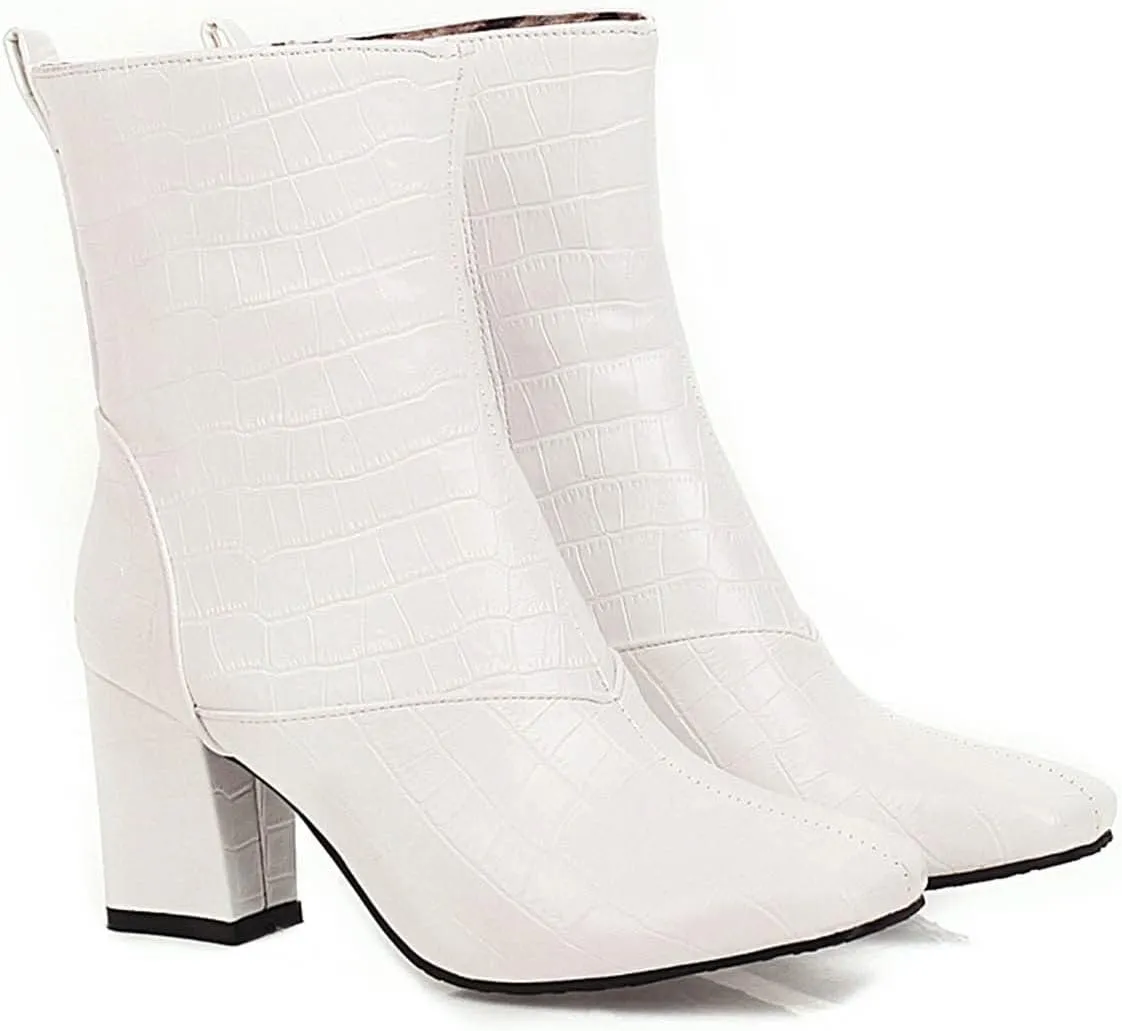 Womens Side Zipper Short Boots - Fashion Square Toe Thick High-heeled Mid Calf Boots Stone Pattern Pointed Toe Comfortable Casual Shoes