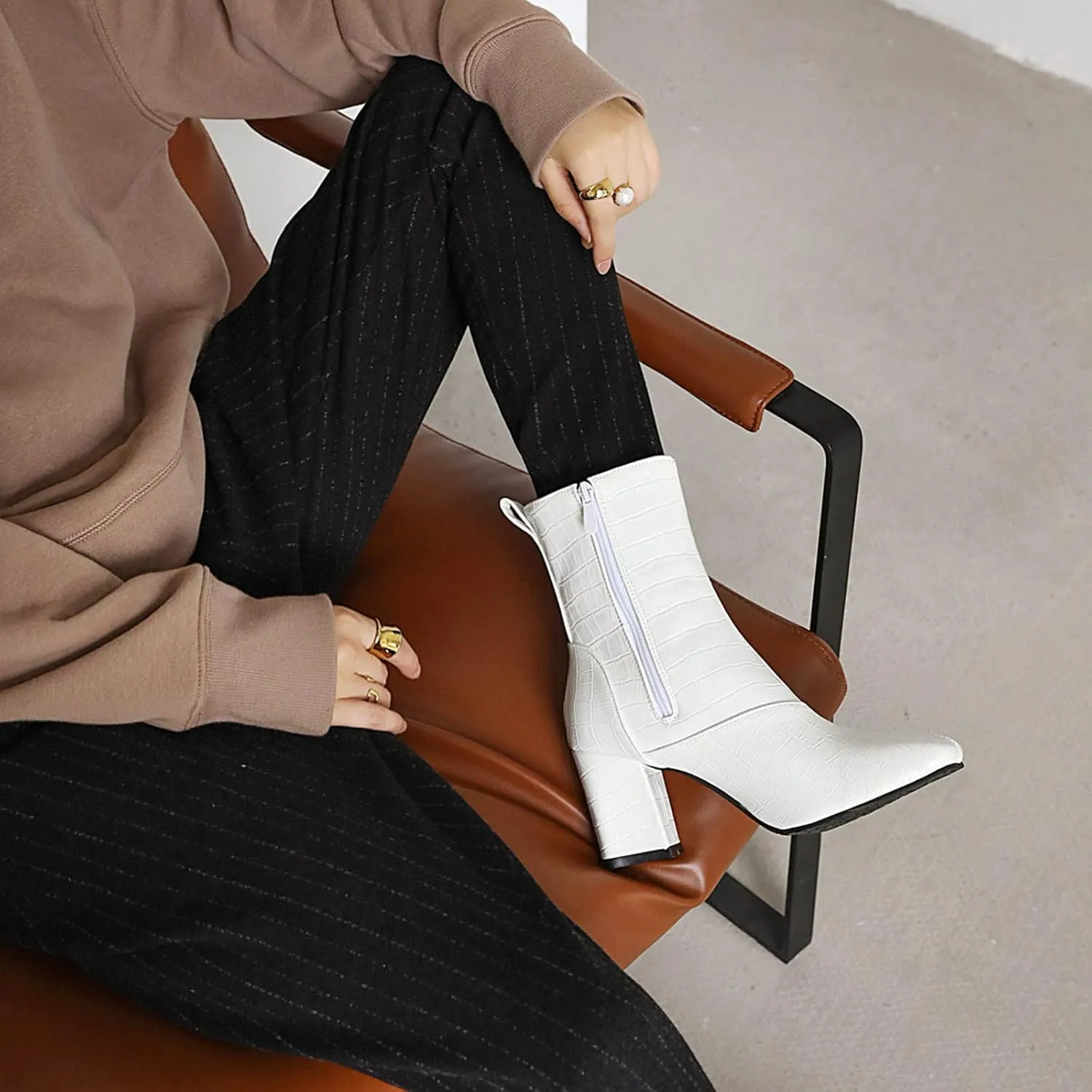 Womens Side Zipper Short Boots - Fashion Square Toe Thick High-heeled Mid Calf Boots Stone Pattern Pointed Toe Comfortable Casual Shoes