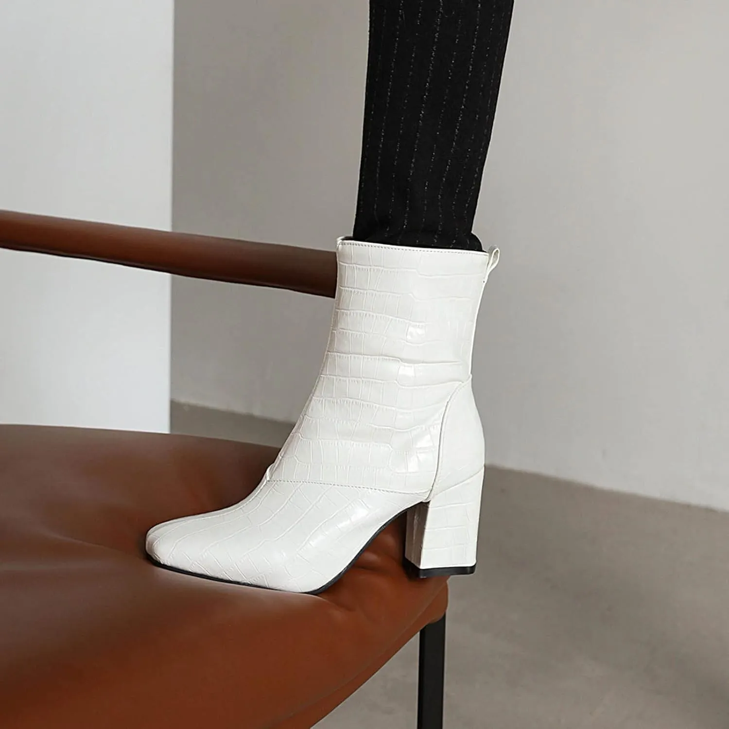 Womens Side Zipper Short Boots - Fashion Square Toe Thick High-heeled Mid Calf Boots Stone Pattern Pointed Toe Comfortable Casual Shoes