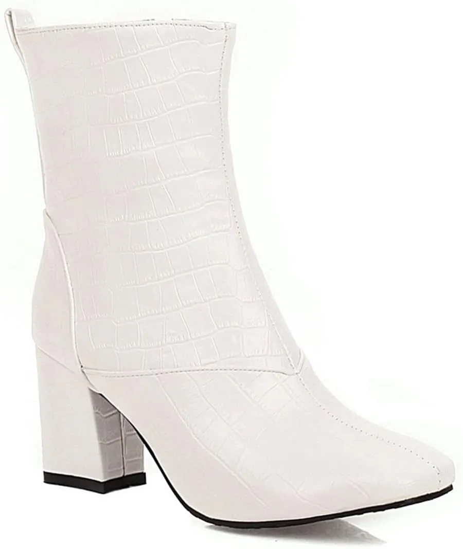 Womens Side Zipper Short Boots - Fashion Square Toe Thick High-heeled Mid Calf Boots Stone Pattern Pointed Toe Comfortable Casual Shoes