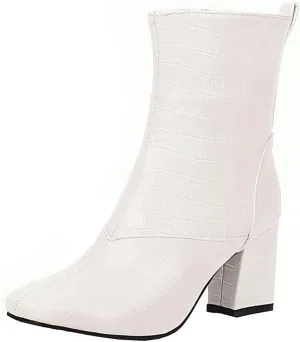 Womens Side Zipper Short Boots - Fashion Square Toe Thick High-heeled Mid Calf Boots Stone Pattern Pointed Toe Comfortable Casual Shoes