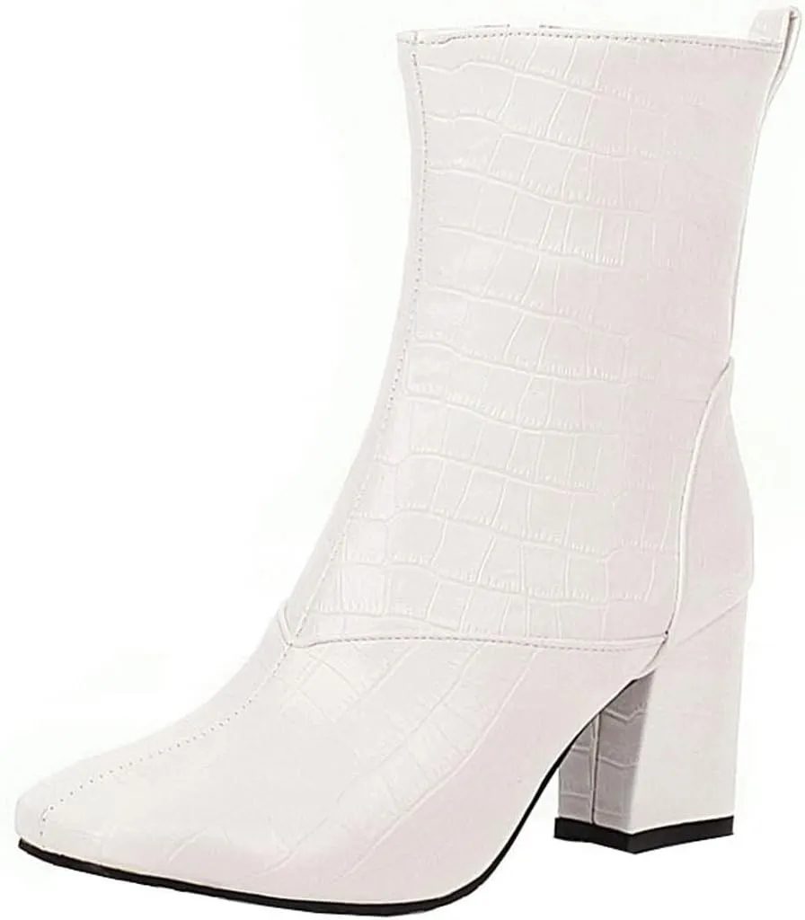 Womens Side Zipper Short Boots - Fashion Square Toe Thick High-heeled Mid Calf Boots Stone Pattern Pointed Toe Comfortable Casual Shoes